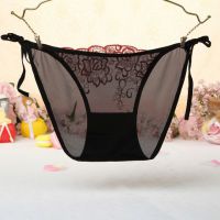 P545 - Celana Dalam Panties Thong Hitam Transparan Bunga Merah Ikat Samping - 2