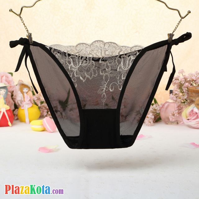 P546 - Celana Dalam Panties Thong Hitam Transparan Bunga Krem Ikat Samping - Photo 1