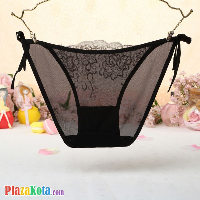 P546 - Celana Dalam Panties Thong Hitam Transparan Bunga Krem Ikat Samping - Photo 2