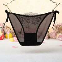 P546 - Celana Dalam Panties Thong Hitam Transparan Bunga Krem Ikat Samping - 2