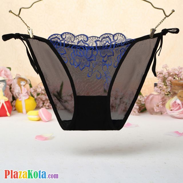 P547 - Celana Dalam Panties Thong Hitam Transparan Bunga Biru Ikat Samping - Photo 1