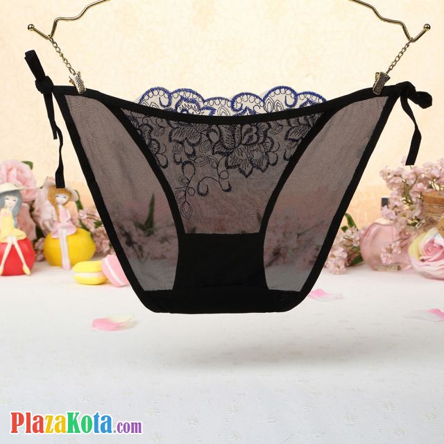 P547 - Celana Dalam Panties Thong Hitam Transparan Bunga Biru Ikat Samping - Photo 2