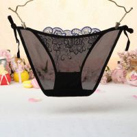 P547 - Celana Dalam Panties Thong Hitam Transparan Bunga Biru Ikat Samping - 2