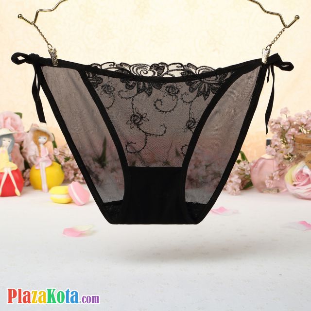 P548 - Celana Dalam Panties Thong Hitam Transparan Bunga Hitam Ikat Samping - Photo 1