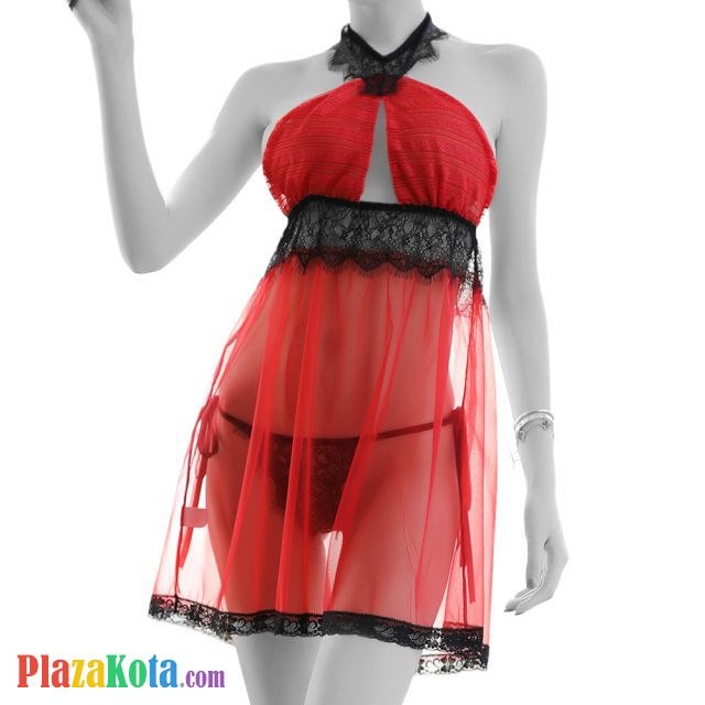 L1113 - Baju Tidur Dinas Malam Wanita Lingerie Mini Dress Gaun Pendek Seksi Halter Merah Transparan - Photo 1 L1113 - Baju Tidur Dinas Malam Wanita Lingerie Mini Dress Gaun Pendek Seksi Halter Merah Transparan - Photo 1
