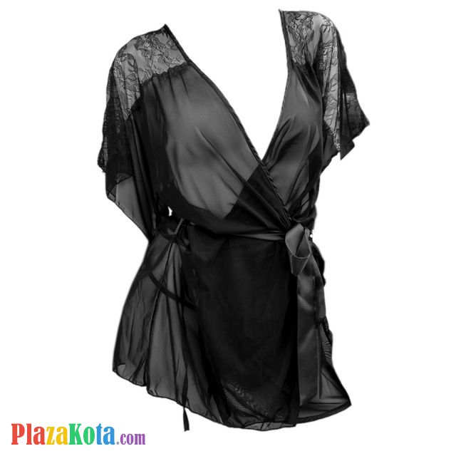 L1116 - Baju Tidur Lingerie Robe Kimono Dress Hitam Transparan Lengan Pendek Ikat Pinggang - Photo 1