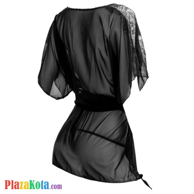 L1116 - Baju Tidur Lingerie Robe Kimono Dress Hitam Transparan Lengan Pendek Ikat Pinggang - Photo 2