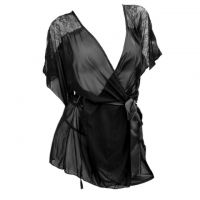 L1116 - Baju Tidur Lingerie Robe Kimono Dress Hitam Transparan Lengan Pendek Ikat Pinggang