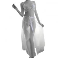 B313 - Bikini Bra Set Putih Transparan, Crotchless, Rok Panjang