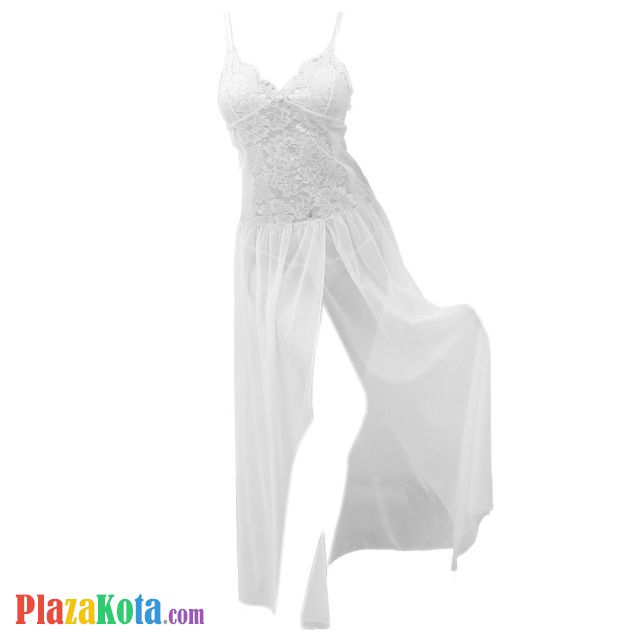 L1125 - Lingerie Long Gown Putih Transparan, Bunga-Bunga - Photo 1