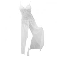 L1125 - Lingerie Long Gown Putih Transparan, Bunga-Bunga
