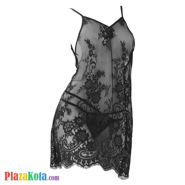 L1128 - Baju Tidur Lingerie Nightgown Sleepwear Midi Dress Hitam Transparan Bunga-Bunga - Photo 1