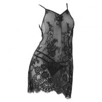 L1128 - Baju Tidur Lingerie Nightgown Sleepwear Midi Dress Hitam Transparan Bunga-Bunga