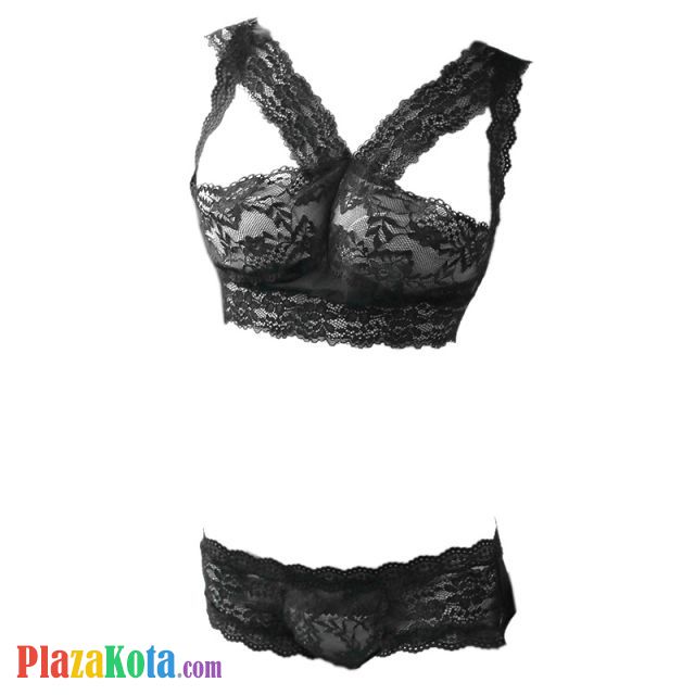 B318 - Bra Set Bralette Hitam Transparan Celana Dalam Open Butt - Photo 1