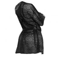L1136 - Lingerie Robe Hitam Transparan, Lengan Panjang, Ikat Pinggang - 2