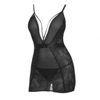 L1137 - Lingerie Chemise Hitam Transparan, Belahan Dada Rendah