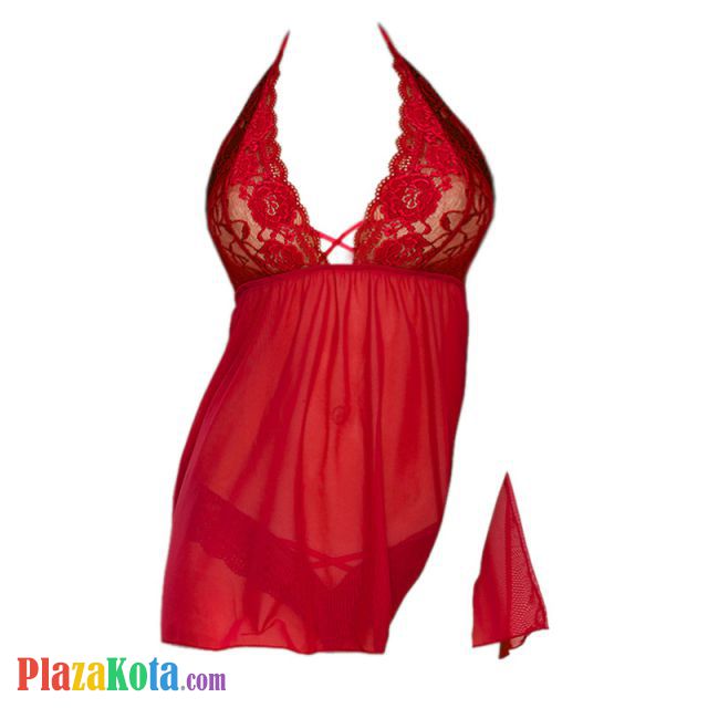 L1141 - Baju Tidur Lingerie Nightgown Sleepwear Midi Dress Halter Merah Transparan - Photo 1
