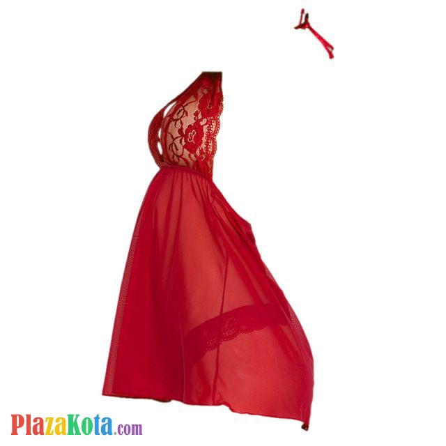 L1141 - Baju Tidur Lingerie Nightgown Sleepwear Midi Dress Halter Merah Transparan - Photo 2