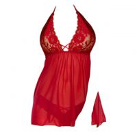 L1141 - Baju Tidur Lingerie Nightgown Sleepwear Midi Dress Halter Merah Transparan - Thumbnail 1