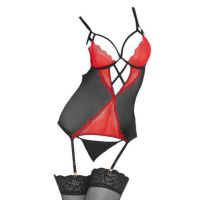 L1146 - Lingerie Bustier Hitam Transparan, Kain Renda Merah, Garter, Stocking Fishnet