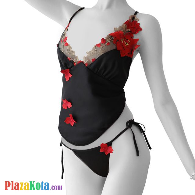 L1162 - Baju Tidur Lingerie Babydoll Mini Dress Tali Silang Chinese Dudou Hitam Bunga Merah - Photo 1