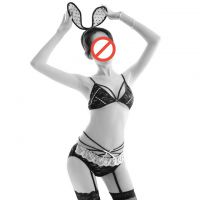 B319 - Bikini Costume Playboy Bunny Kelinci Hitam, Bando, Garter, Stocking Fishnet