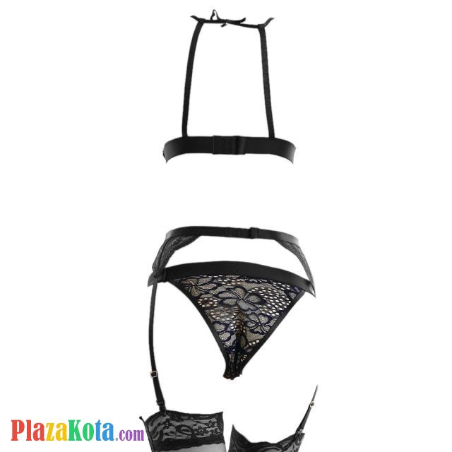 B320 - Pakaian Dalam Wanita Bra Set Bralette Seksi Hitam Kombinasi Kain Krem Garter Belt Stocking - Photo 2