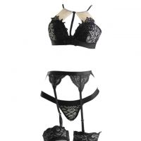 B320 - Bikini Bra Set Hitam Kombinasi Kain Krem, Garter, Stocking Fishnet