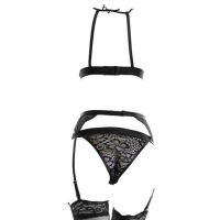 B320 - Bikini Bra Set Hitam Kombinasi Kain Krem, Garter, Stocking Fishnet - 2