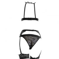 B320 - Pakaian Dalam Wanita Bra Set Bralette Seksi Hitam Kombinasi Kain Krem Garter Belt Stocking - Thumbnail 2
