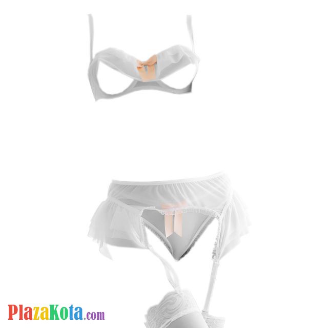 B321 - Lingerie Set Bra Underwire Open Cup Putih Pita Jingga, Celana Dalam Open Butt, Garter Belt, Stocking Fishnet - Photo 1