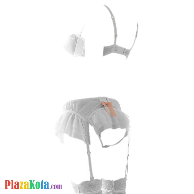 B321 - Lingerie Set Bra Underwire Open Cup Putih Pita Jingga, Celana Dalam Open Butt, Garter Belt, Stocking Fishnet - Photo 2