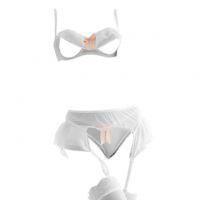 B321 - Bikini Bra Set Putih Pita Jingga, Bra Kawat, Open Cup, Open Butt, Garter, Stocking Fishnet - Thumbnail 1