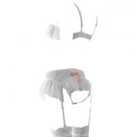 B321 - Bra Set Underwire Kawat Open Cup Putih Pita Jingga Celana Dalam Open Butt Garter Belt Stocking - 2