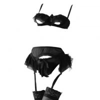 B322 - Bikini Bra Set Hitam Pita Hitam, Bra Kawat, Open Cup, Open Butt, Garter, Stocking Fishnet