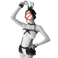 B323 - Bikini Costume Bunny Kelinci Halterneck Putih, Bando, Gelang Wristband, Pengait Bra