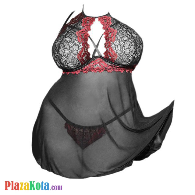 L1169 - Baju Tidur Lingerie Jumbo Big Size Nightgown Sleepwear Midi Dress Hitam Transparan Bra Kawat Open Cup - Photo 1