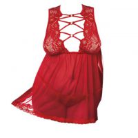 L1173 - Lingerie Plus Size Babydoll Merah Transparan, Ikat Belakang - Thumbnail 1