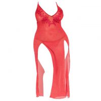 L1175 - Lingerie Plus Size Long Gown Merah Glitter Transparan