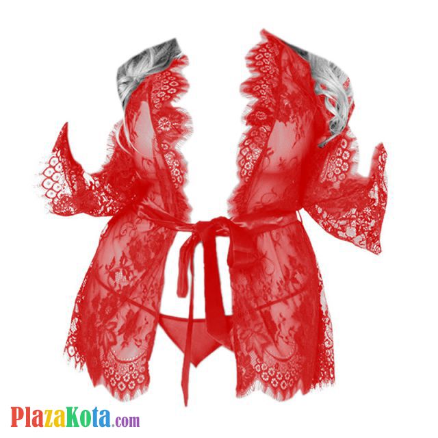 L1177 - Baju Tidur Lingerie Jumbo Big Size Robe Kimono Dress Merah Transparan Lengan Panjang Ikat Pinggang - Photo 1