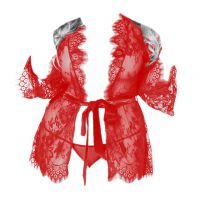 L1177 - Lingerie Plus Size Robe Merah Transparan, Lengan Panjang, Ikat Pinggang