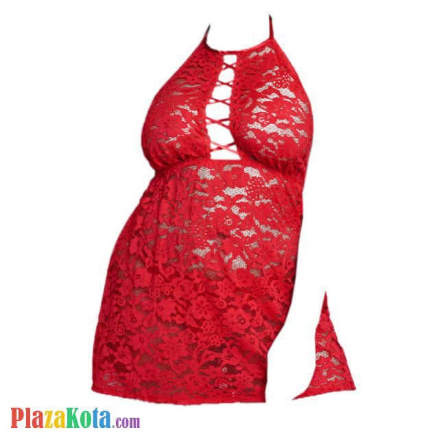 L1179 - Baju Tidur Lingerie Jumbo Big Size Nightgown Sleepwear Midi Dress Halter Merah Transparan - Photo 1