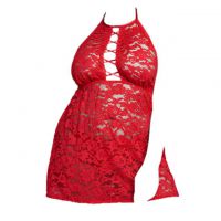 L1179 - Baju Tidur Lingerie Jumbo Big Size Nightgown Sleepwear Midi Dress Halter Merah Transparan - Thumbnail 1