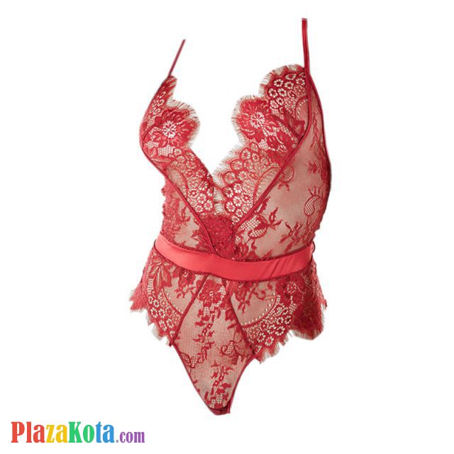 L1181 - Baju Tidur Lingerie Teddy Bodysuit Dress Tali Silang Merah Transparan Belahan Dada Rendah - Photo 1