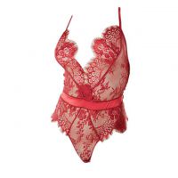 L1181 - Baju Tidur Lingerie Teddy Bodysuit Dress Tali Silang Merah Transparan Belahan Dada Rendah