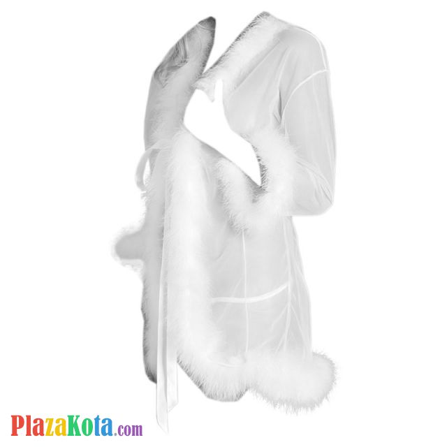 L1189 - Lingerie Robe Putih Transparan, Lengan Panjang, Tepi Bulu - Photo 1