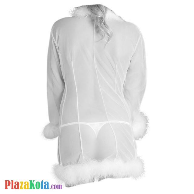 L1189 - Lingerie Robe Putih Transparan, Lengan Panjang, Tepi Bulu - Photo 2