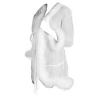 L1189 - Lingerie Robe Putih Transparan, Lengan Panjang, Tepi Bulu