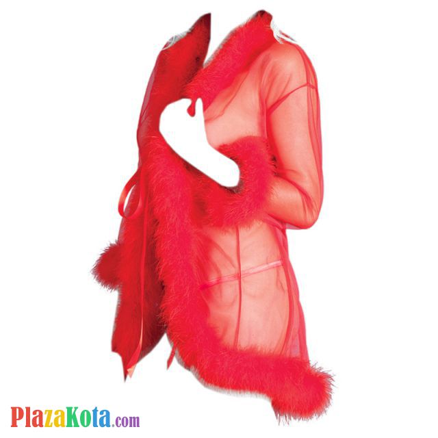 L1190 - Lingerie Robe Merah Transparan, Lengan Panjang, Tepi Bulu - Photo 1