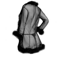 L1191 - Lingerie Robe Hitam Transparan, Lengan Panjang, Tepi Bulu - 2